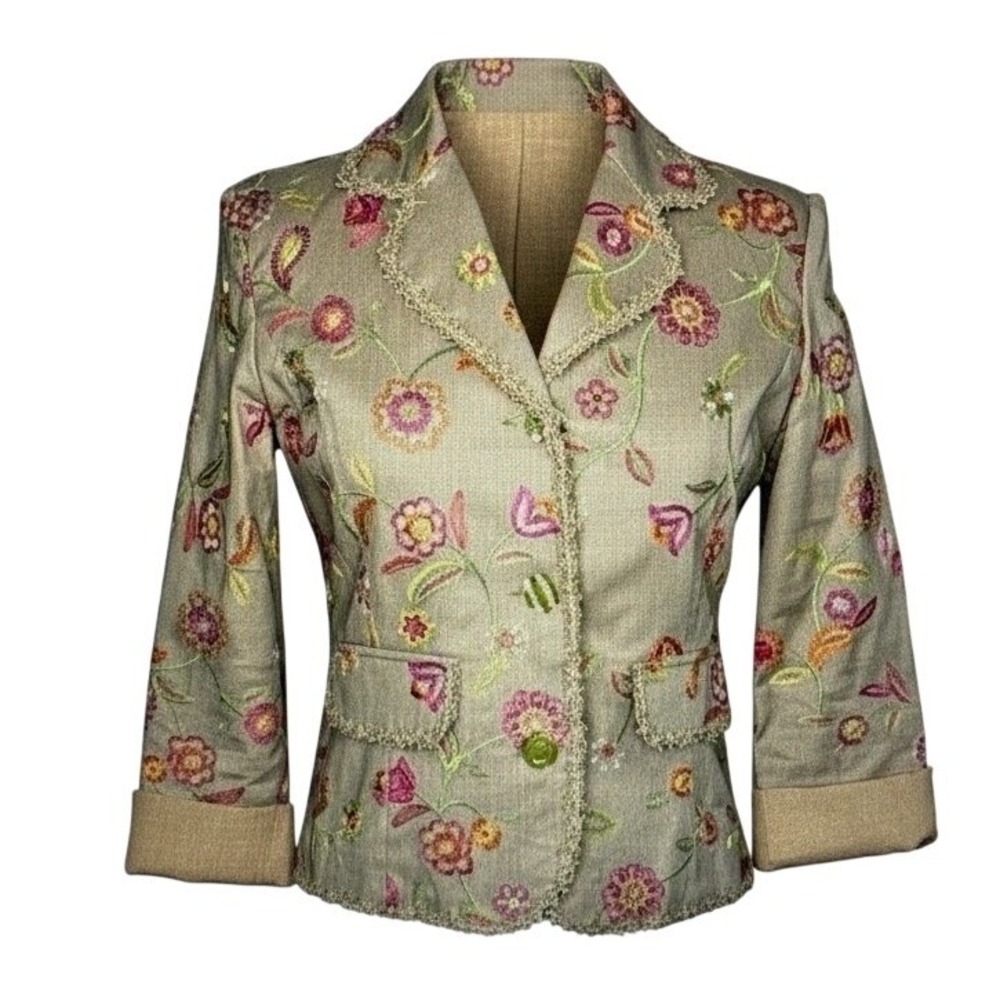 Silk Land Embroidered Blazer Womens 6 Tan Floral Lace Trim‎ 3/4 Sleeve Jacket